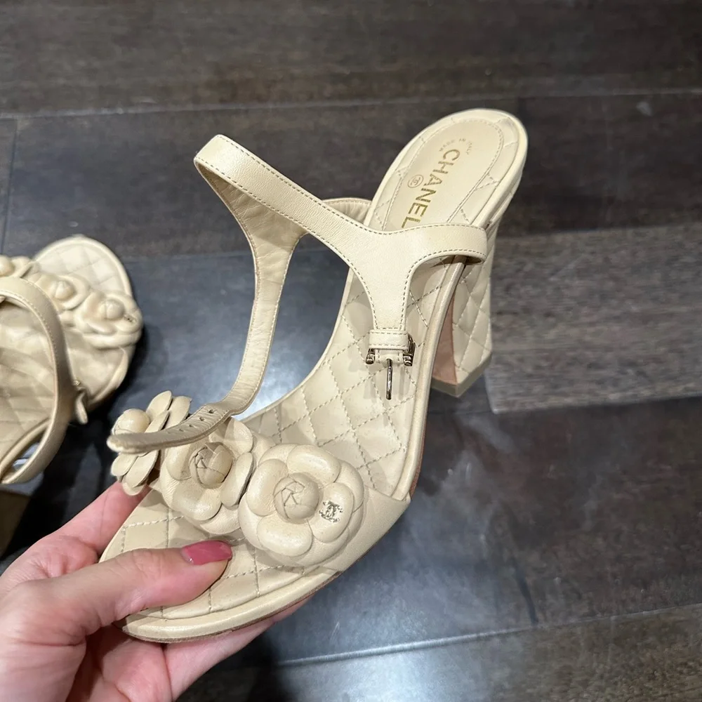 CHANEL Camellia Quilted Leather Block Heel Sandals Beige EU 38.5